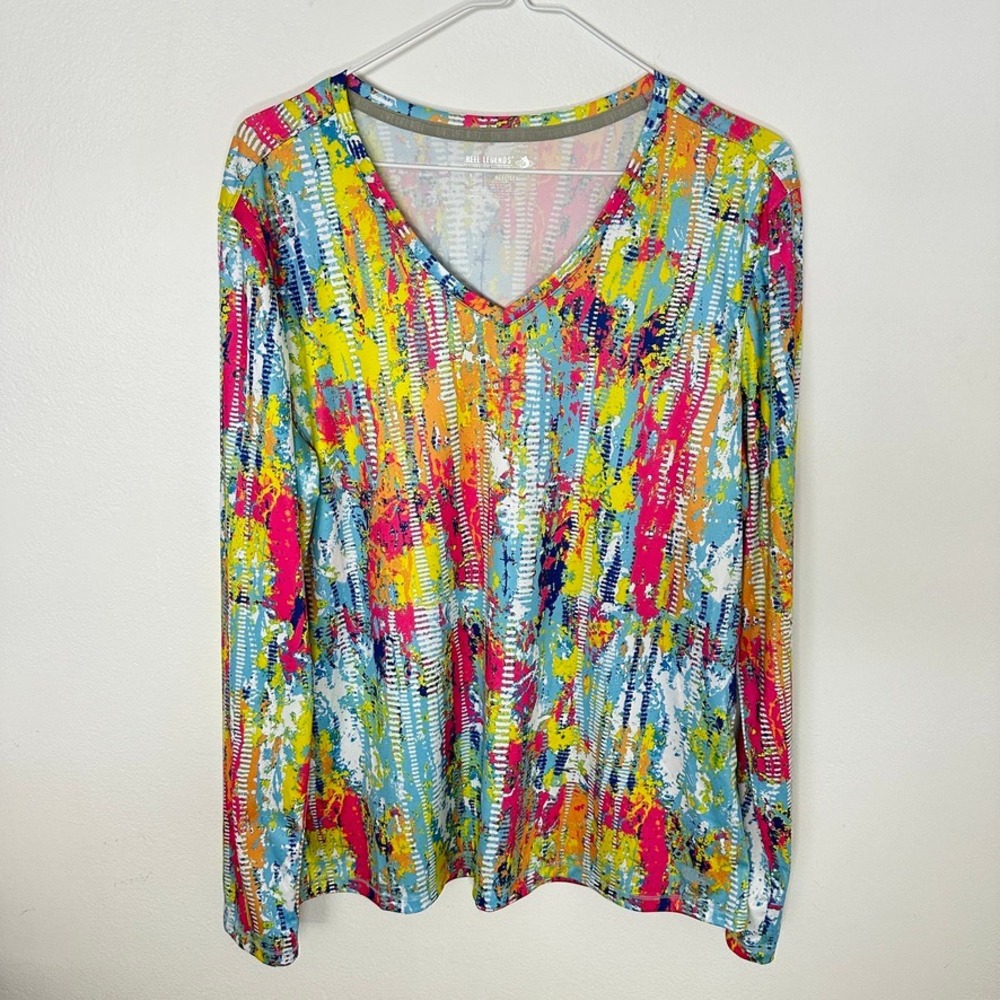 Reel Legends Reel-Tec Womens Large Long Sleeve V-Neck Performance Shirt Abstract